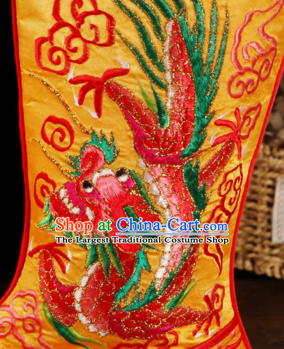 China Handmade Opera Satin Shoes Peking Opera Male Boots Ancient Emperor Embroidered Dragon Yellow Boots