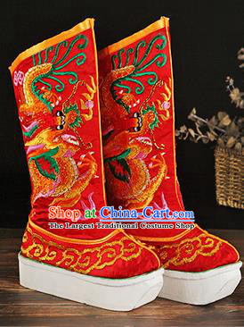 China Ancient Emperor Embroidered Dragon Boots Handmade Opera Red Satin Shoes Peking Opera Male Boots