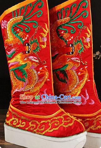 China Ancient Emperor Embroidered Dragon Boots Handmade Opera Red Satin Shoes Peking Opera Male Boots