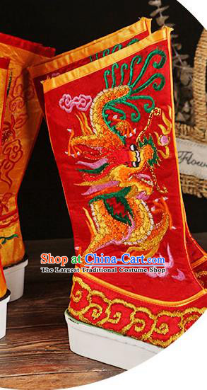 China Ancient Emperor Embroidered Dragon Boots Handmade Opera Red Satin Shoes Peking Opera Male Boots