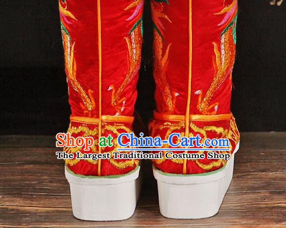 China Ancient Emperor Embroidered Dragon Boots Handmade Opera Red Satin Shoes Peking Opera Male Boots