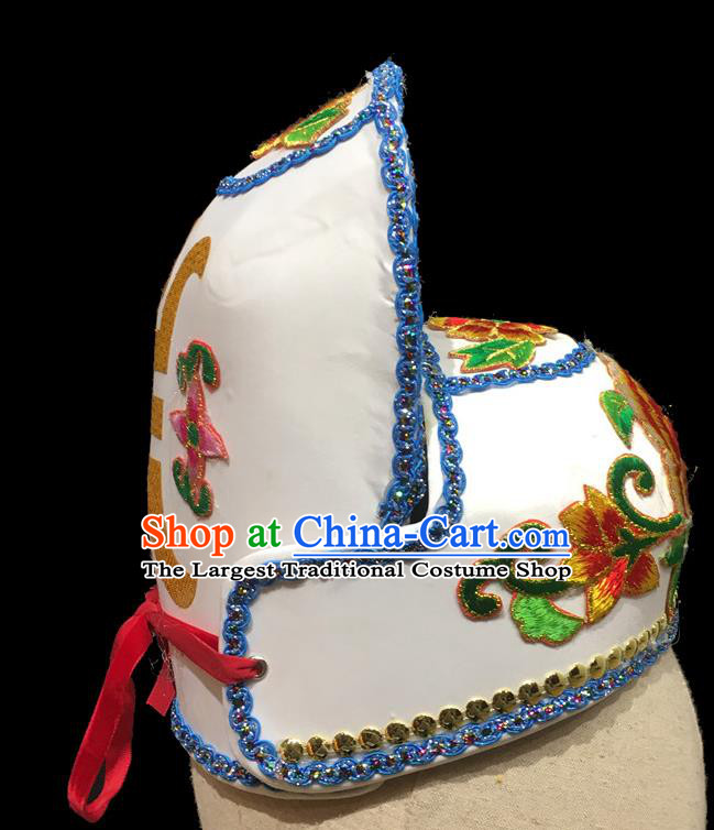 Chinese Ancient Scholar Headwear Beijing Opera Xiaosheng Embroidered White Hat Handmade Opera Young Male Headdress