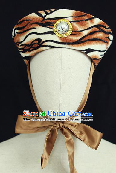 Chinese Handmade Opera Warrior Headdress Ancient Huntsman Headwear Beijing Opera Wusheng Leopard Hat