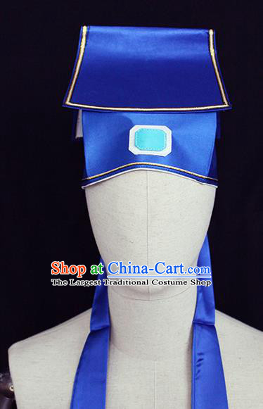 Chinese Ancient Scholar Headwear Beijing Opera Taoist Priest Blue Satin Hat Handmade Opera Hero Gongsun Sheng Headdress