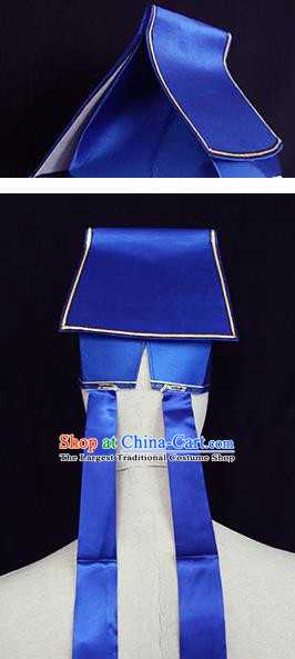 Chinese Ancient Scholar Headwear Beijing Opera Taoist Priest Blue Satin Hat Handmade Opera Hero Gongsun Sheng Headdress