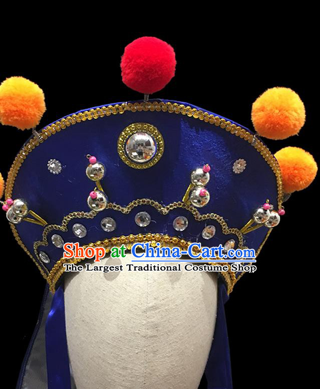 Chinese Beijing Opera Wusheng Blue Hat Handmade Opera Swordsman Headdress Ancient Imperial Bodyguard Helmet Headwear