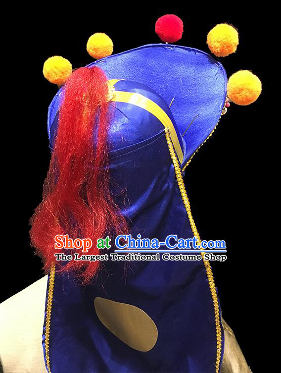 Chinese Beijing Opera Wusheng Blue Hat Handmade Opera Swordsman Headdress Ancient Imperial Bodyguard Helmet Headwear