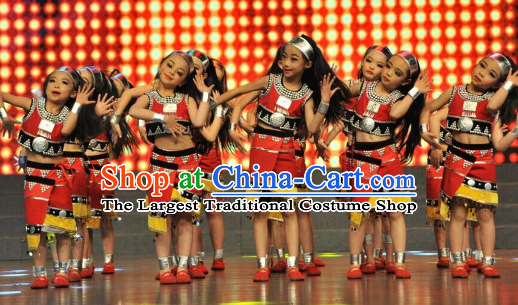 Chinese Wa Minority Dance Red Outfits Yunnan Ethnic Stage Performance Garment Costumes Va Nationality Girl Dress Clothing