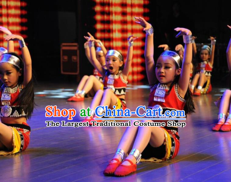 Chinese Wa Minority Dance Red Outfits Yunnan Ethnic Stage Performance Garment Costumes Va Nationality Girl Dress Clothing
