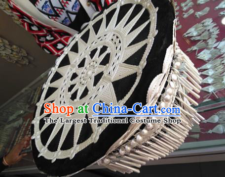 China Yi Nationality Woman Silver Headwear Handmade Minority Bamboo Weaving Hat Liangshan Ethnic Group Dance Performance Headdress