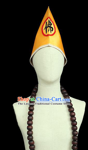Chinese Ancient Monk Yellow Hat Peking Handmade Opera Buddhism Headdress Beijing Opera Buddha Jih Headwear