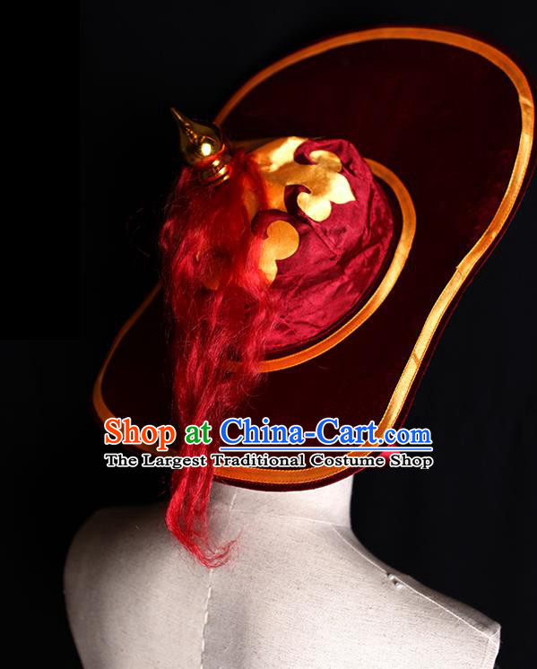Chinese Handmade Chaozhou Opera Soldier Headdress Beijing Opera Hero Lin Chong Headwear Ancient Swordsman Wine Red Hat