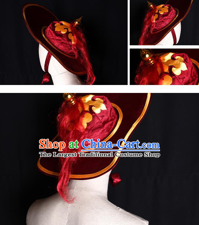 Chinese Handmade Chaozhou Opera Soldier Headdress Beijing Opera Hero Lin Chong Headwear Ancient Swordsman Wine Red Hat