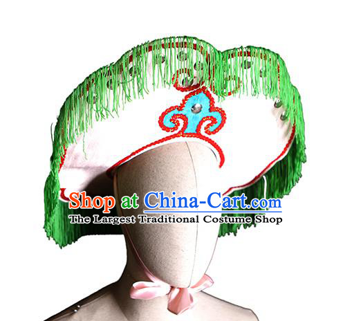 China Ancient Fisher Maiden Headdress Handmade Opera Actress Green Tassel Hat Peking Opera Village Girl Headwear