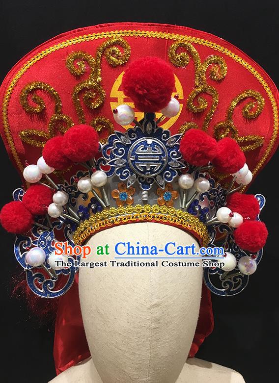 China Peking Opera Female Soldier Headwear Ancient Swordswoman Helmet Headdress Handmade Opera Woman General Red Hat