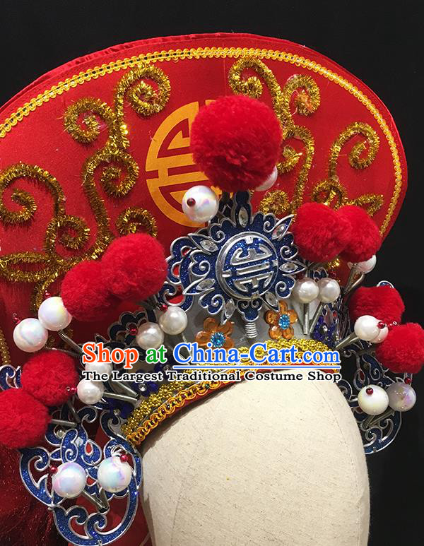 China Peking Opera Female Soldier Headwear Ancient Swordswoman Helmet Headdress Handmade Opera Woman General Red Hat