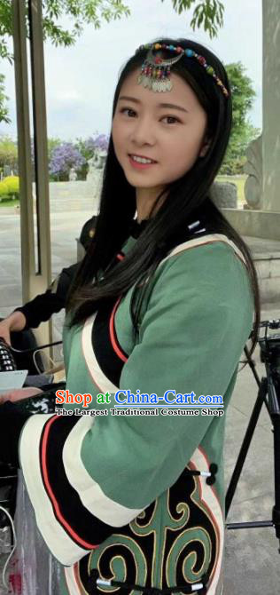 Chinese Ethnic Woman Clothing Liangshan National Minority Green Flax Jacket Yi Nationality Folk Dance Outer Garment