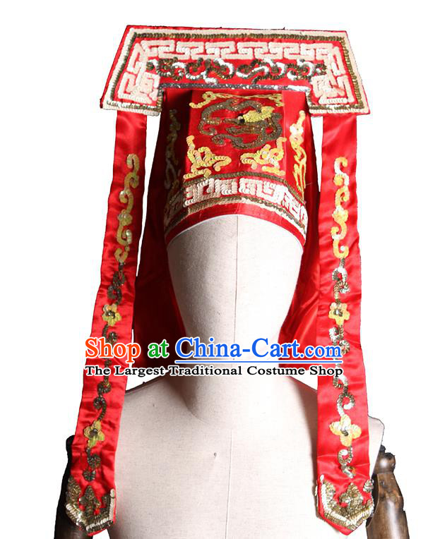 Chinese Handmade Chaozhou Opera Official Headwear Beijing Opera Takefu Red Hat Ancient Imperial Bodyguard Headdress
