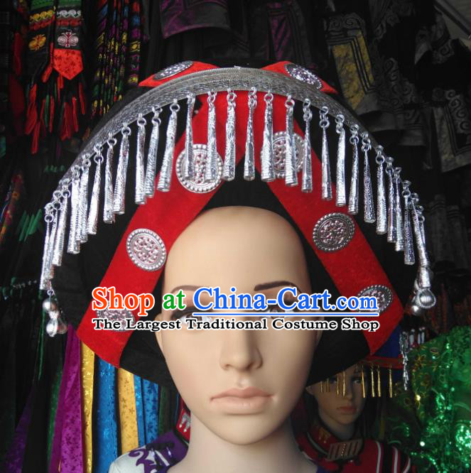 China Handmade Silver Tassel Circular Hat Yi Minority Wedding Headdress Liangshan Ethnic Group Bride Headwear