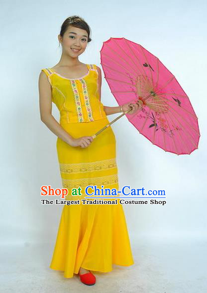 Chinese Dai Nationality Female Performance Garment Costumes Ethnic Peacock Dance Yellow Uniforms Yunnan National Minority Dance Dress