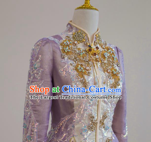 Chinese Traditional Wedding Garment Costumes Ancient Bride Lilac Dress Classical Xiuhe Suits Ceremony Toasting Clothing