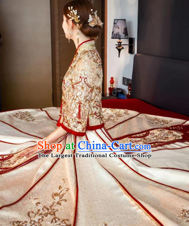 Chinese Classical Light Golden Xiuhe Suits Wedding Ceremony Clothing Traditional Bride Toasting Garment Costumes Ancient Embroidered Dress