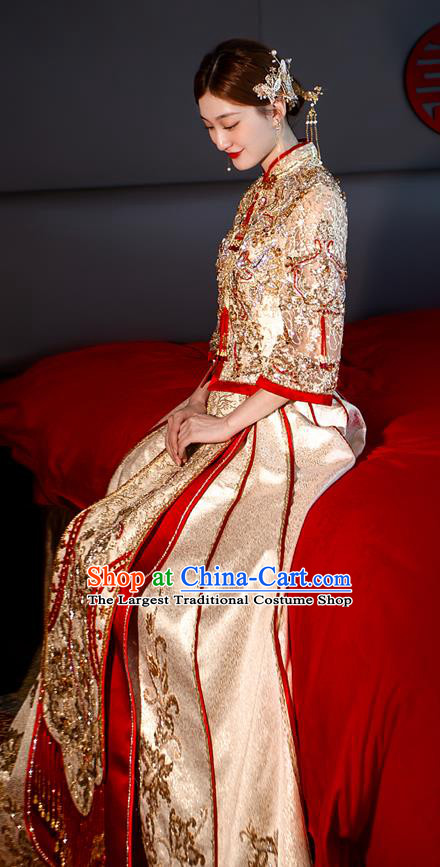 Chinese Classical Light Golden Xiuhe Suits Wedding Ceremony Clothing Traditional Bride Toasting Garment Costumes Ancient Embroidered Dress