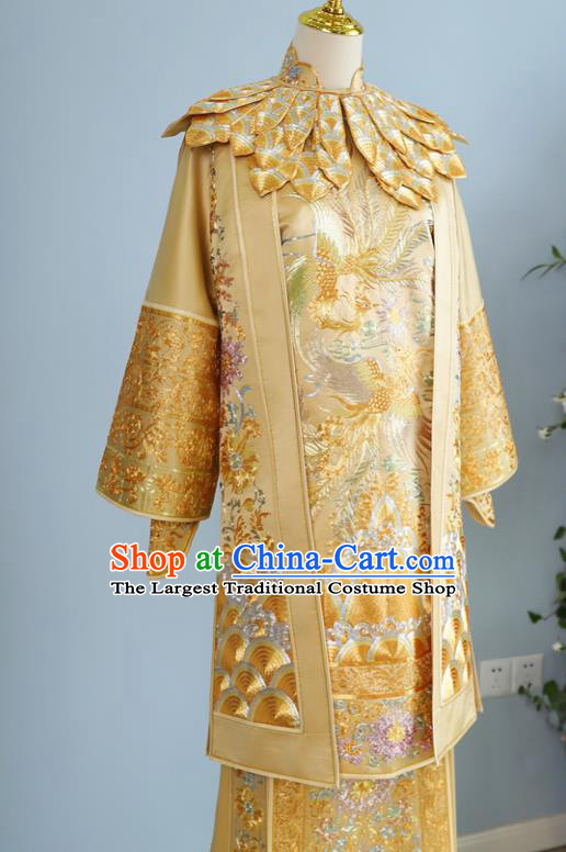 Chinese Traditional Bride Toasting Garment Costumes Ancient Empress Embroidered Dress Classical Golden Xiuhe Suits Wedding Ceremony Clothing