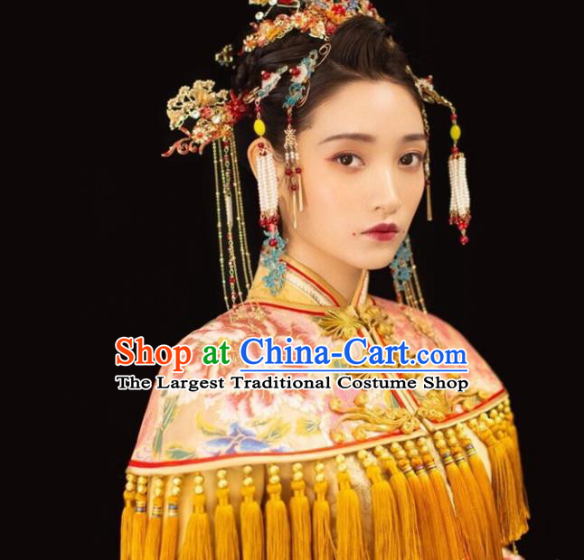 Chinese Ancient Empress Garment Costumes Classical Wedding Xiuhe Suits Traditional Embroidered Yellow Hanfu Dress Bride Toasting Clothing
