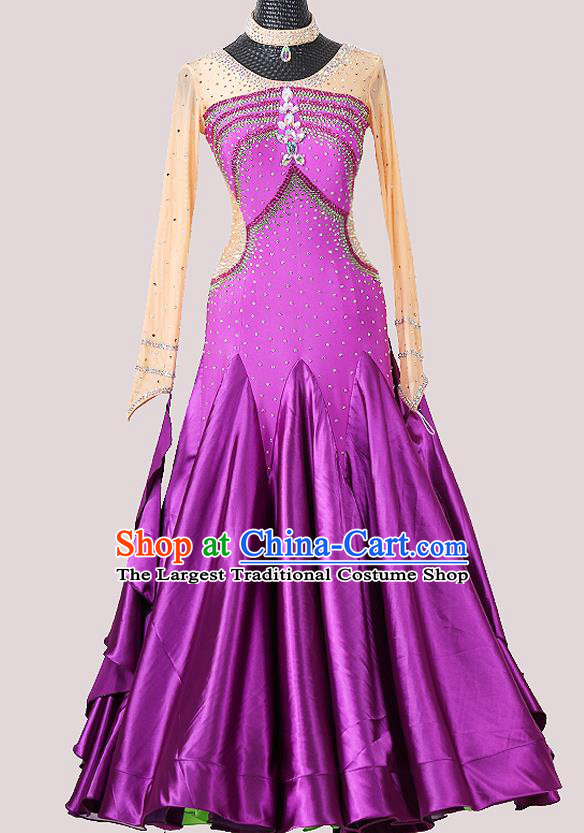 Professional Ballroom Dance Fashion Costume Modern Dance Purple Dress International Dance Competition Clothing Woman Waltz Dance Garment