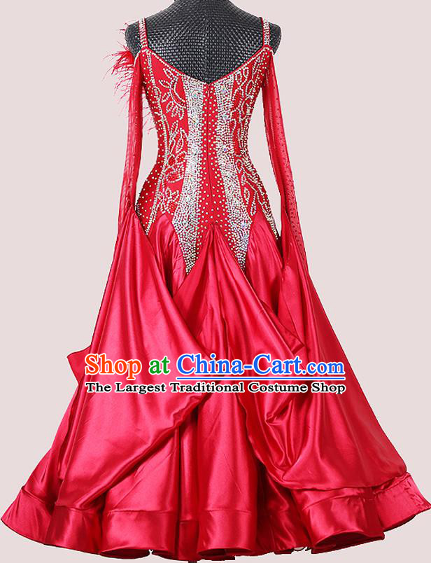 Professional Modern Dance Competition Clothing Woman Waltz Performance Garment Costume Ballroom Dance Wine Red Dress International Dance Fashion