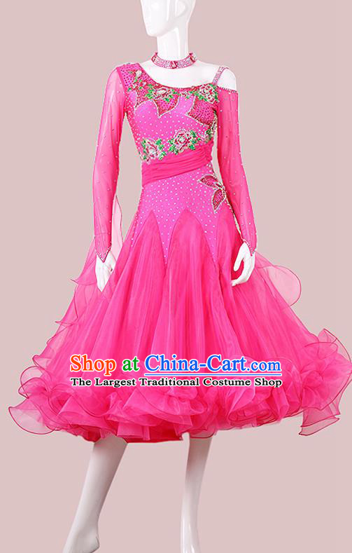Professional Waltz Performance Clothing Ballroom Dancing Rosy Dress International Dance Competition Garment Modern Dance Fashion
