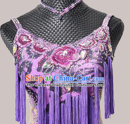 Top Ballroom Dance Fashion Latin Dance Costume Cha Cha Dance Purple Tassel Dress Modern Dance Competition Clothing