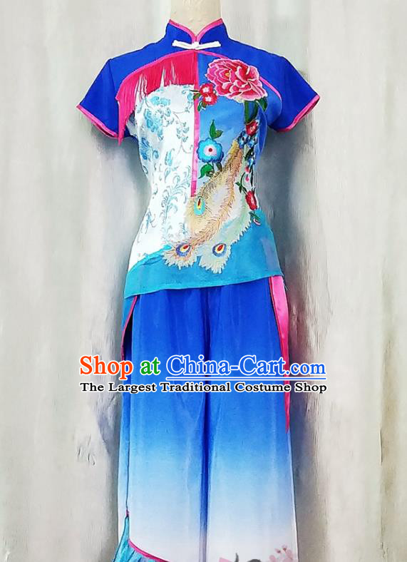 China Folk Dance Blue Uniforms Fan Dance Costumes Yangko Dance Outfits Women Group Dance Fashions