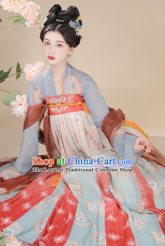 China Ancient Palace Beauty Blue Hanfu Dress Tang Dynasty Princess Clothing Traditional Court Garment Costumes