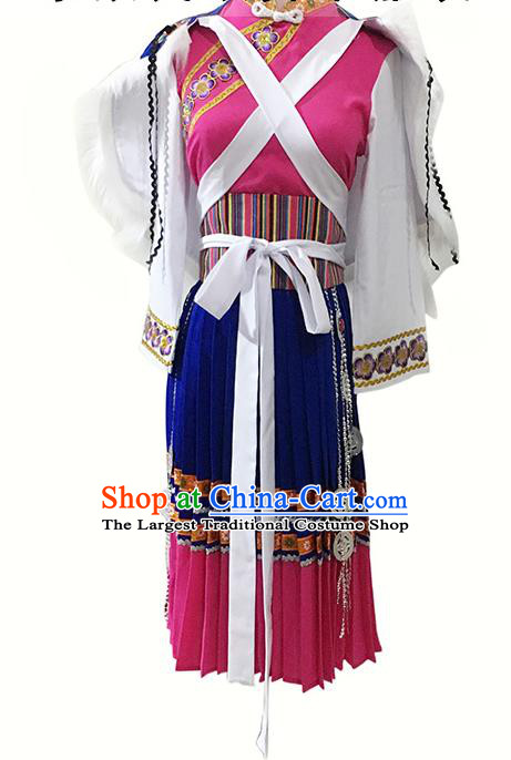 Chinese Naxi Minority Stage Performance Dress Dali Ethnic Girl Festival Garment Costumes Nahsi Nationality Folk Dance Clothing