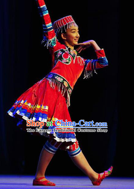 Chinese Xiangxi Minority Performance Garment Costumes Miao Nationality Folk Dance Clothing Hmong Ethnic Children Red Dress Uniforms