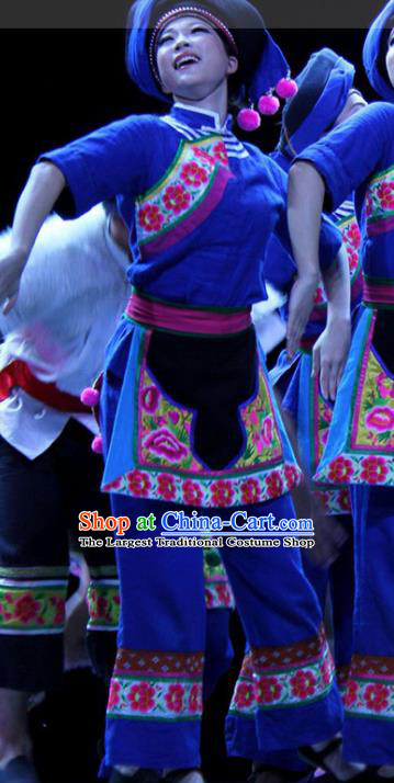 China Woman Group Dance Fashions Picking Tea Dance Uniforms Fan Dance Costumes Folk Dance Blue Outfits