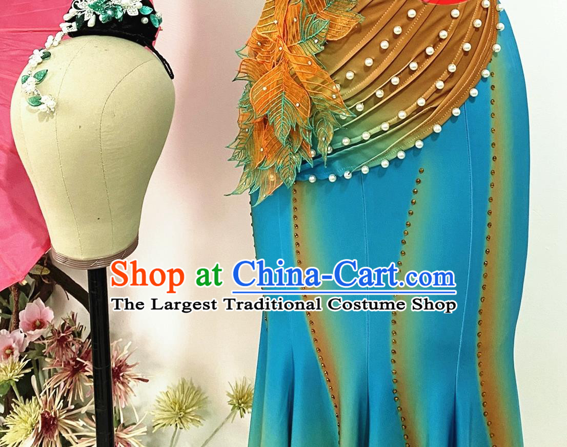 Chinese Ethnic Group Peacock Dance Blue Dress Uniforms Yunnan Minority Festival Performance Garment Costumes Dai Nationality Female Clothing