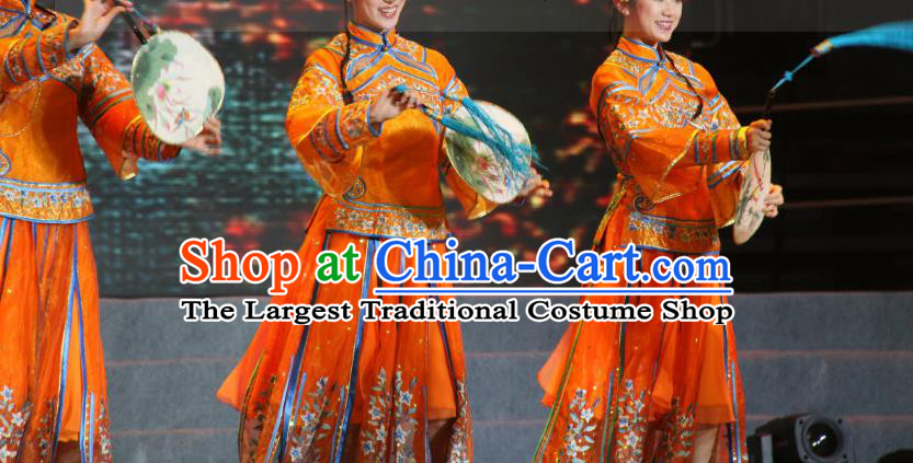 Chinese Stage Performance Orange Dress Outfits Woman Group Dance Clothing Classical Dance Qing Dynasty Garment Costumes
