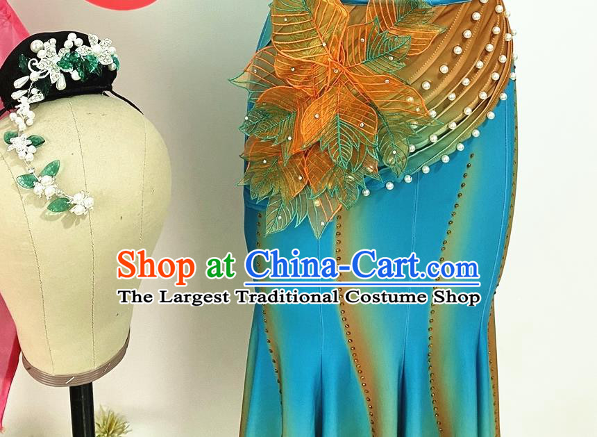 Chinese Ethnic Group Peacock Dance Blue Dress Uniforms Yunnan Minority Festival Performance Garment Costumes Dai Nationality Female Clothing