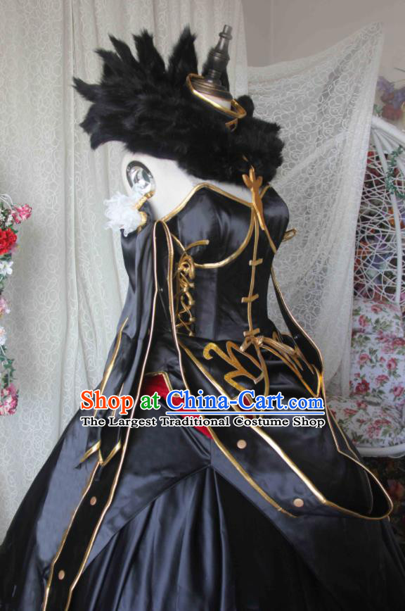 Custom Halloween Fancy Ball Empress Garment Costume Gothic Queen Clothing Cosplay Witch Black Satin Dress