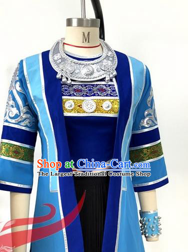 Chinese Ethnic Female Group Dance Blue Dress Uniforms Guizhou Minority Performance Garment Costumes Dong Nationality Folk Dance Clothing