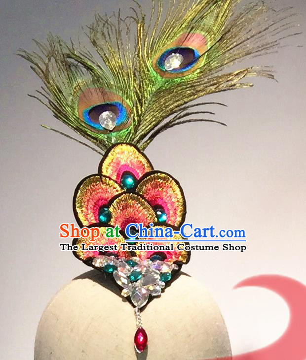 Top China Dai Nationality Stage Performance Headpiece Ethnic Peacock Dance Hair Accessories Yunnan Minority Female Dance Feather Hair Stick