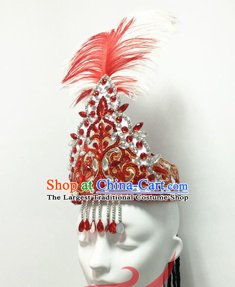 Top China Kazak Nationality Dance Hair Accessories Ethnic Stage Performance Headdress Xinjiang Minority Woman Group Dance Red Feather Hat