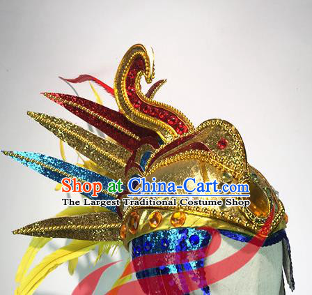 Top China Male Solo Dance Golden Hat Cosplay Sun King Hair Accessories Stage Performance Warrior Headdress