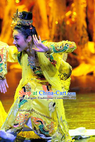 Chinese Minority Performance Garment Costumes Burma Nationality Folk Dance Clothing Female Group Dance Yellow Uniforms