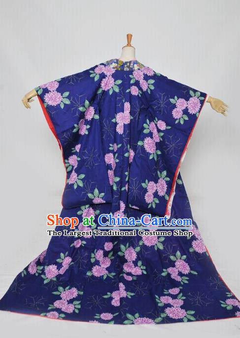 Custom Japan Courtesan Garment Costume Japanese Geisha Furisode Clothing Cosplay Queen Printing Chrysanthemum Blue Kimono Dress