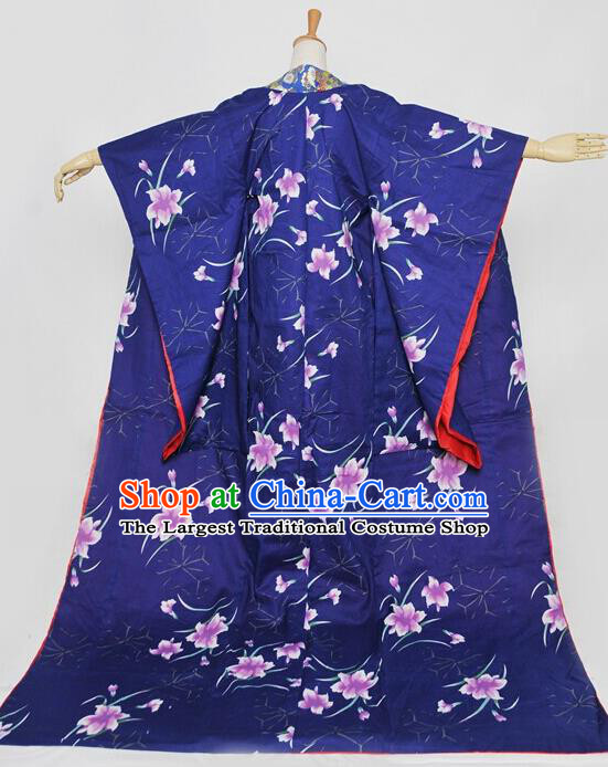 Custom Japan Cosplay Queen Printing Flowers Blue Kimono Dress Courtesan Garment Costume Japanese Geisha Furisode Clothing