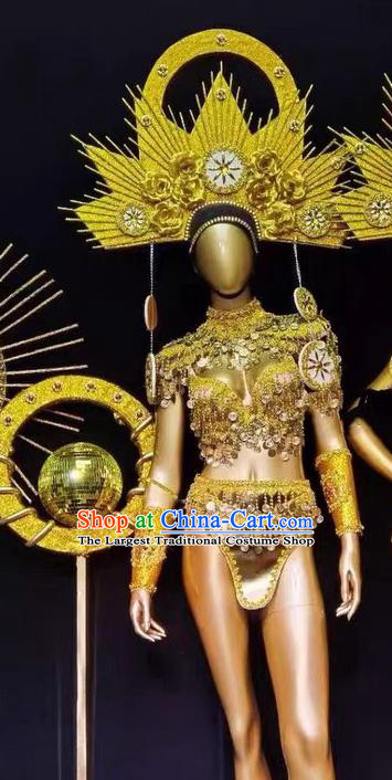 Custom Catwalks Luxury Golden Outfits Halloween Performance Costumes and Hair Accessories Stage Show Clothing